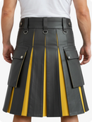 Person wearing a gray and yellow pleated kilt with visible buttons and pockets.