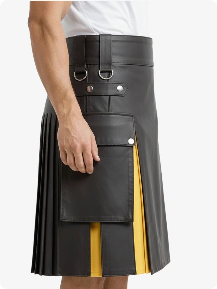 Charcoal & Yellow Leather Utility Kilt with Cargo Pockets