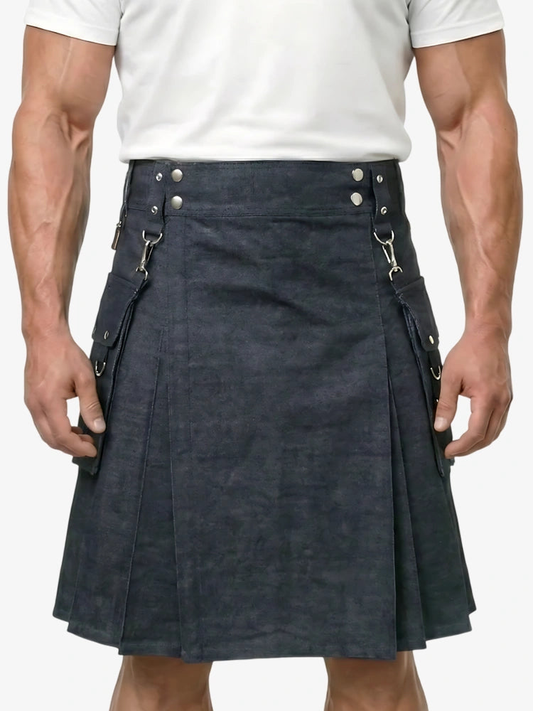 Custom Made Black Denim Utility Kilt