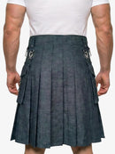 Person wearing a gray kilt on a white background