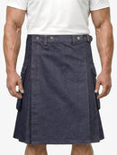 Navy kilt worn by a person on a white background