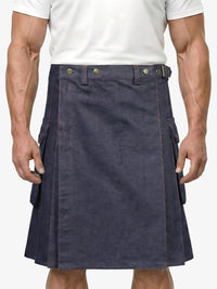 Navy kilt worn by a person on a white background