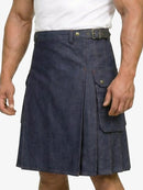 Person wearing a navy blue kilt on a white background