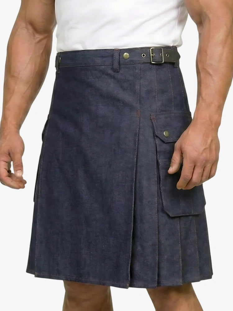 Person wearing a navy blue kilt on a white background