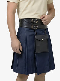 Person wearing a navy blue kilt with a black belt and attached pouch on a white background
