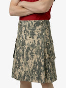 Camouflage kilt worn by a person on a white background
