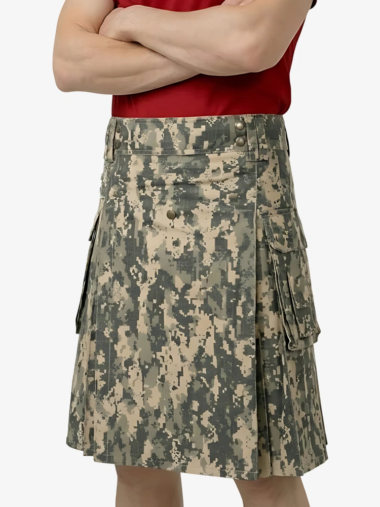 Camouflage kilt worn by a person on a white background