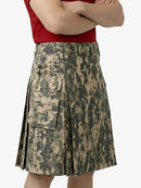 Person wearing a digital camouflage kilt on a white background