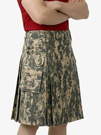 Person wearing a digital camouflage kilt on a white background