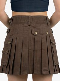 Brown pleated skirt with multiple pockets on a white background
