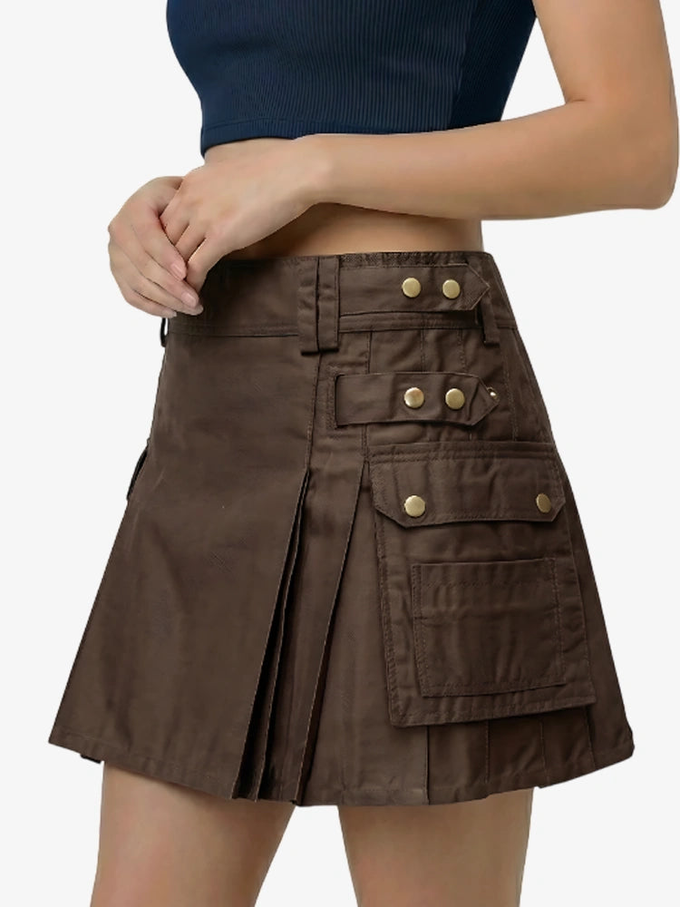 Brown skirt with gold buttons worn by a person on a white background