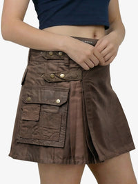 Brown cargo skirt worn by a person on a white background