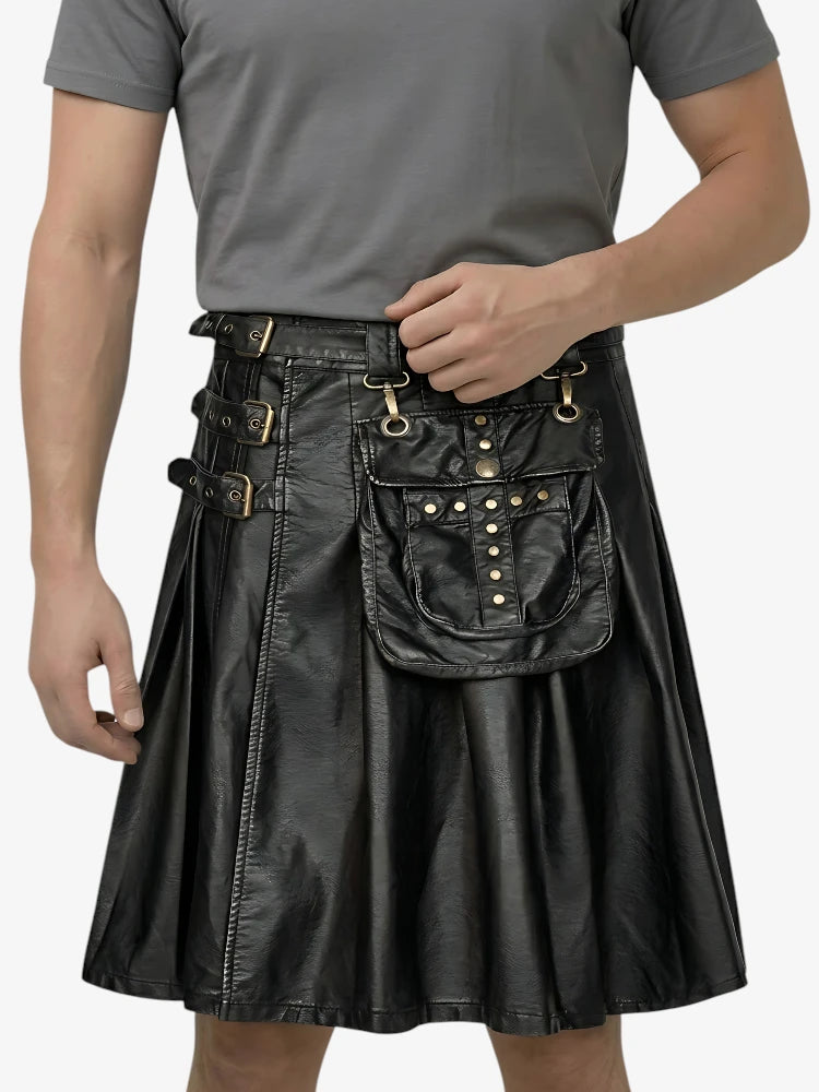 Custom Made Cowhide Black Leather Gothic Kilt
