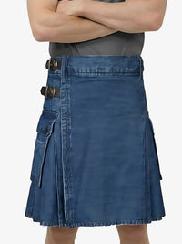 Blue denim kilt worn by a person on a white background