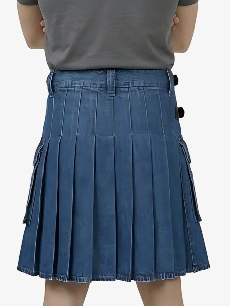 Blue pleated skirt worn by a person on a white background