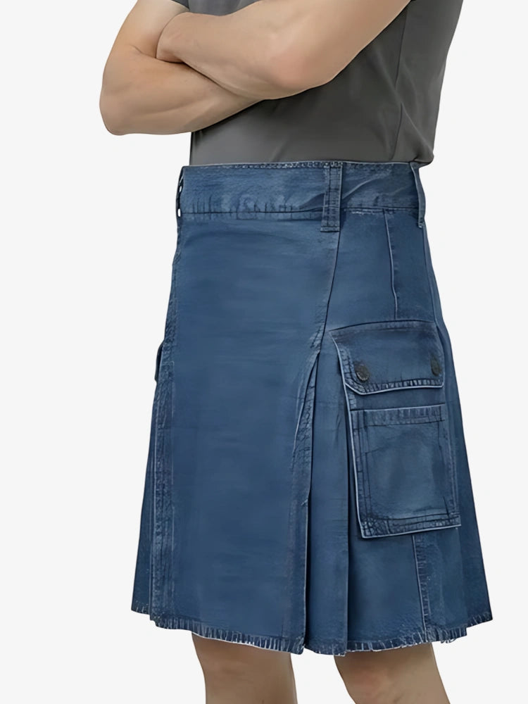 Person wearing a blue denim kilt on a white background