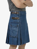 Person wearing a blue denim kilt on a white background