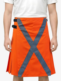 Orange skirt with reflective X-pattern worn by a person on a white background