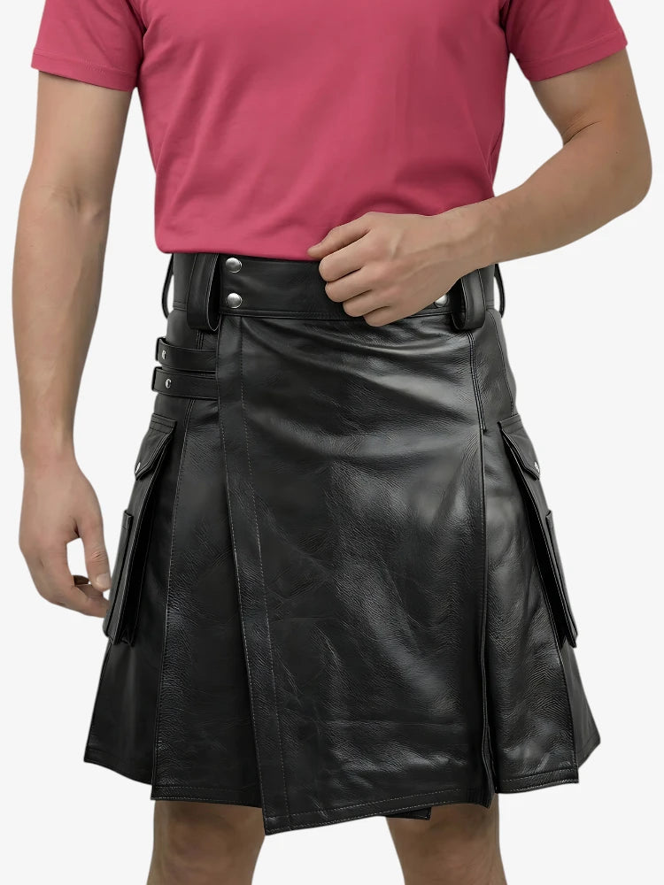 Custom Made Genuine Black Leather Kilt