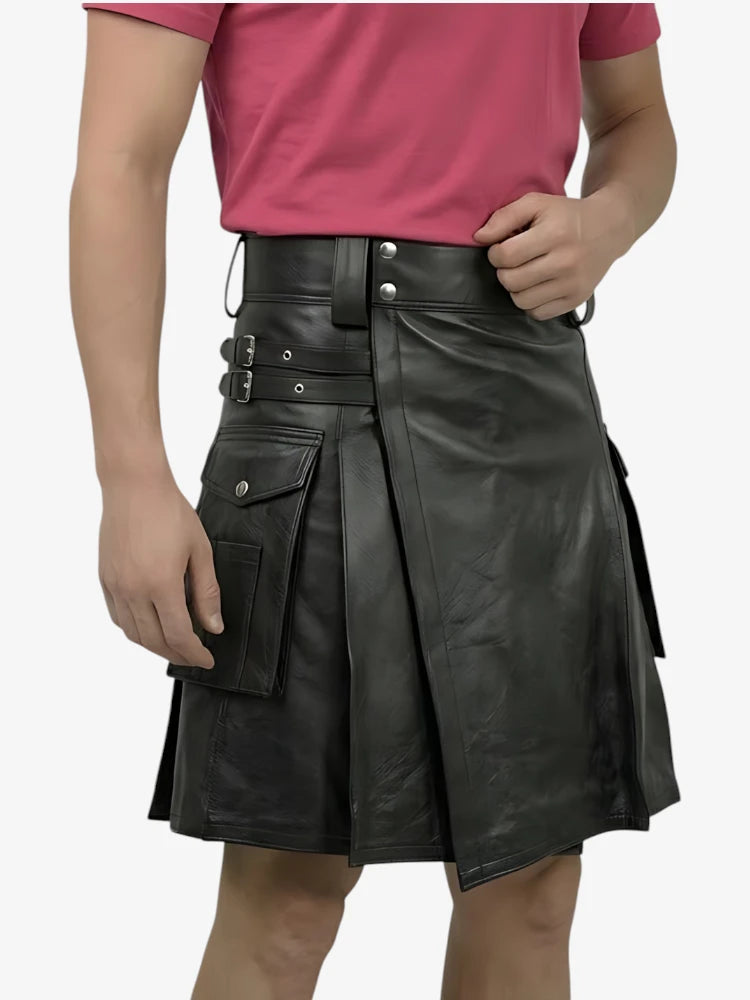 Custom Made Genuine Black Leather Kilt