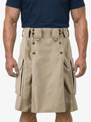 Beige cargo shorts worn by a person on a white background