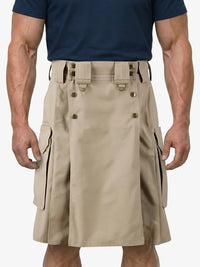 Beige cargo shorts worn by a person on a white background