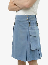 Blue denim skirt with multiple pockets and buttons on a white background