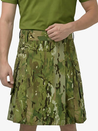 Camouflage kilt worn by a person on a white background