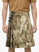 Camouflage kilt worn by a person on a white background