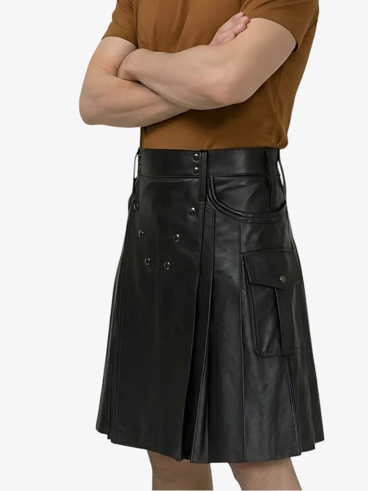 Person wearing a black leather kilt on a white background