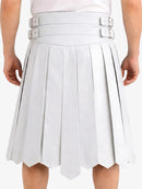 White pleated skirt with silver belt on a white background