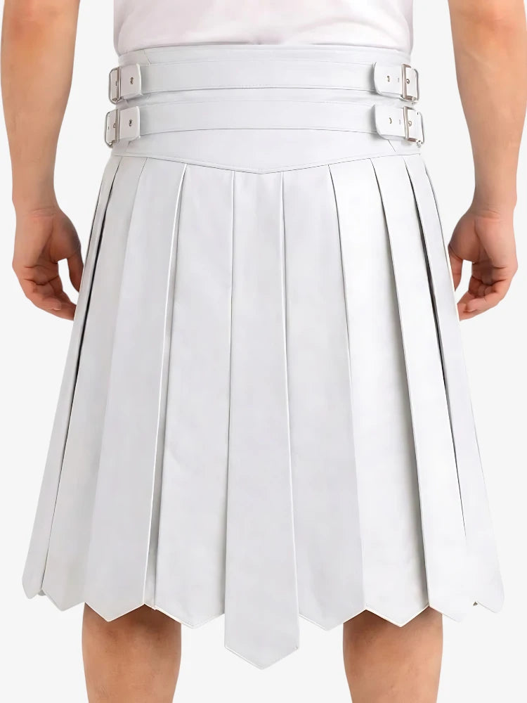 White pleated skirt with silver belt on a white background