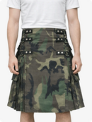 Camouflage kilt with metal accents worn by a person on a white background