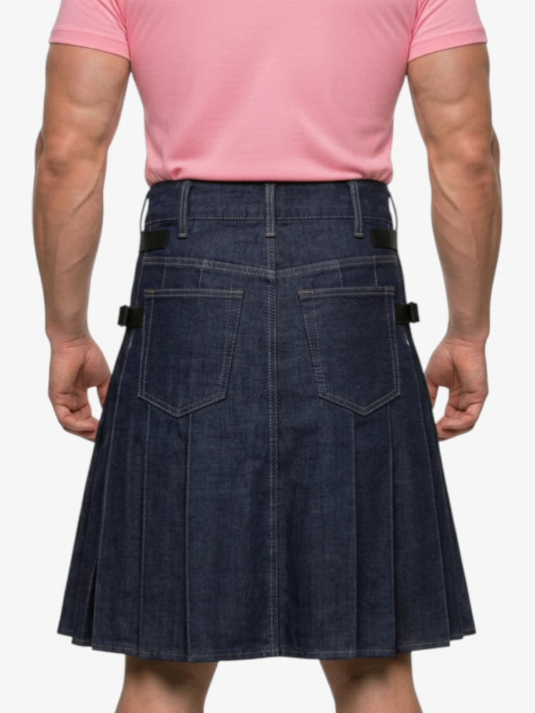 Person wearing a pink shirt and denim kilt on a white background