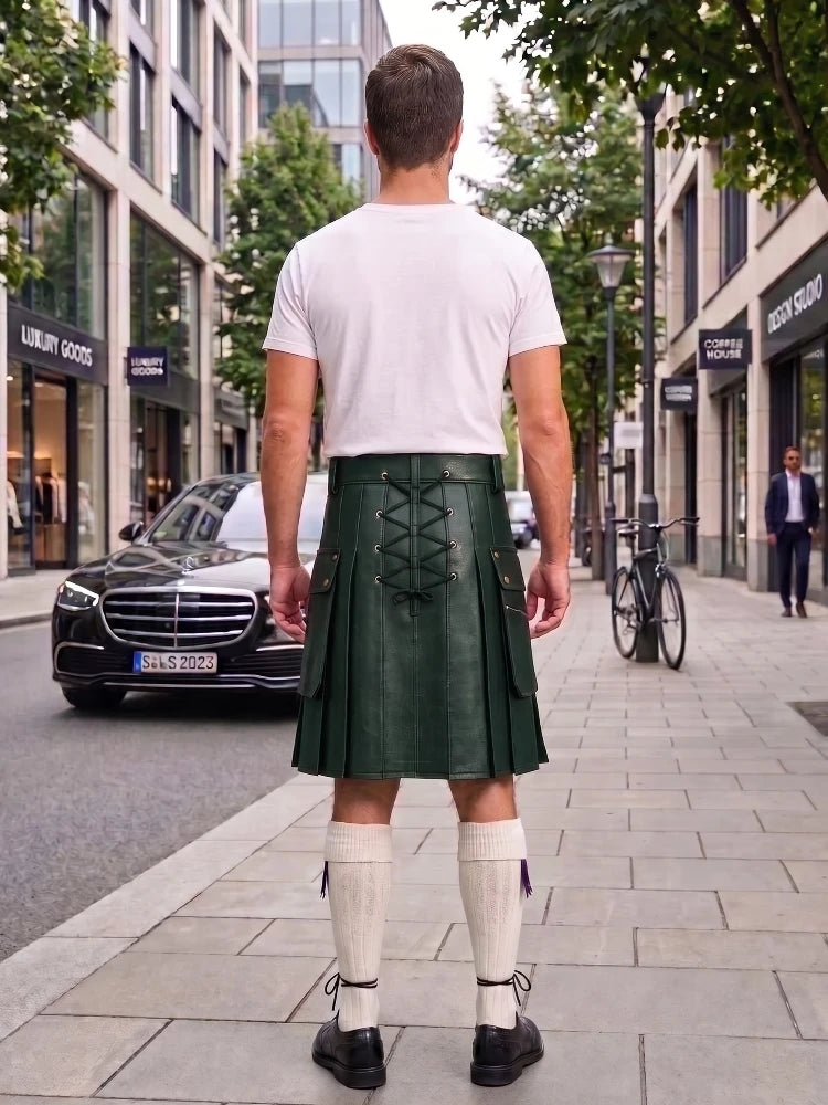 Dark Green Cow Leather Utility Kilts for Men