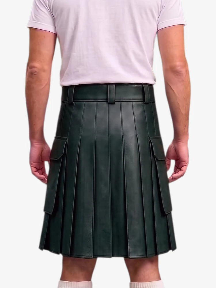A dark forest green pleated faux leather kilt with side cargo pockets, modeled from the back on a person wearing a light pink t-shirt against a white background.