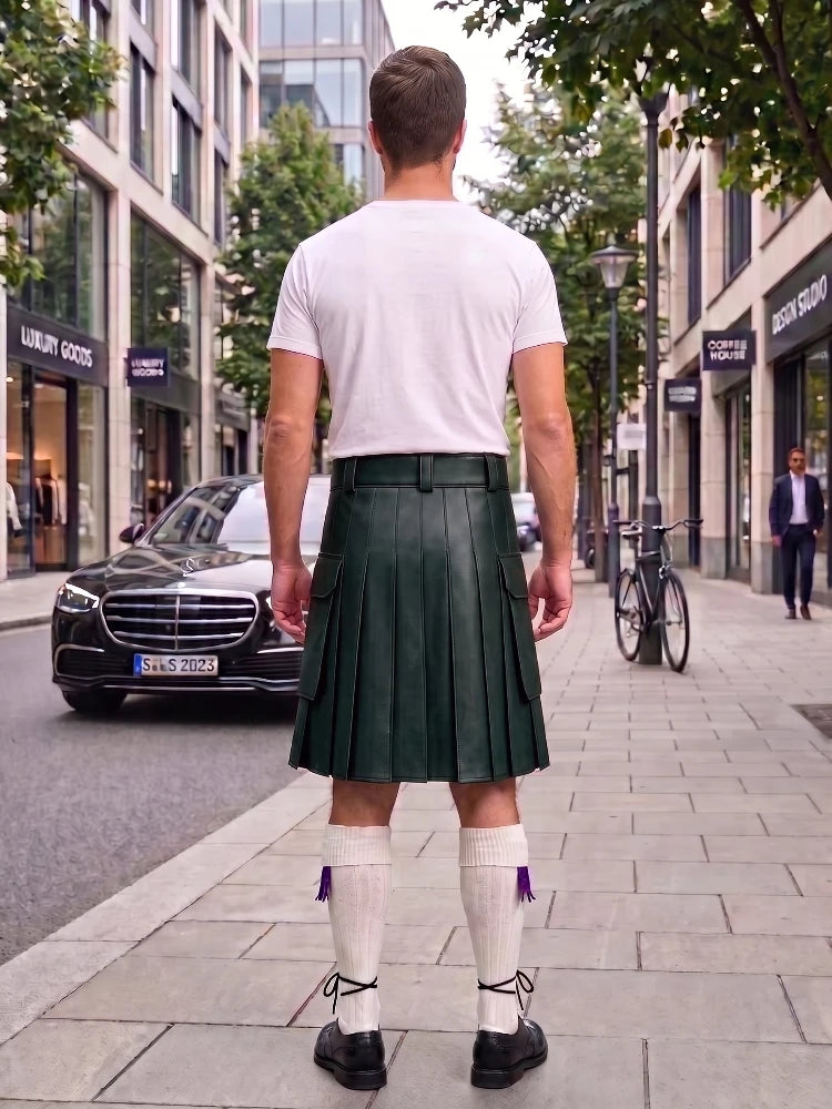 Dark Green Leather Kilt For Men Tactical Utility Kilts