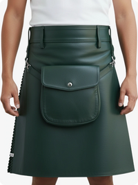 Dark Green leather skirt with a front pocket on a white background
