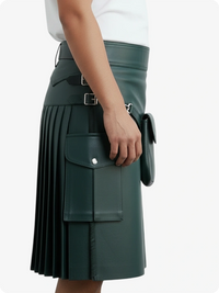 Dark Green leather skirt with a front pocket on a white background