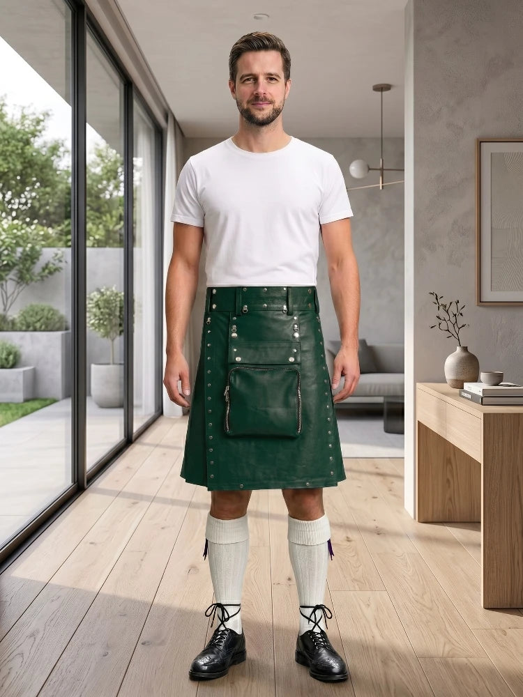 Dark Green Leather Utility Kilt