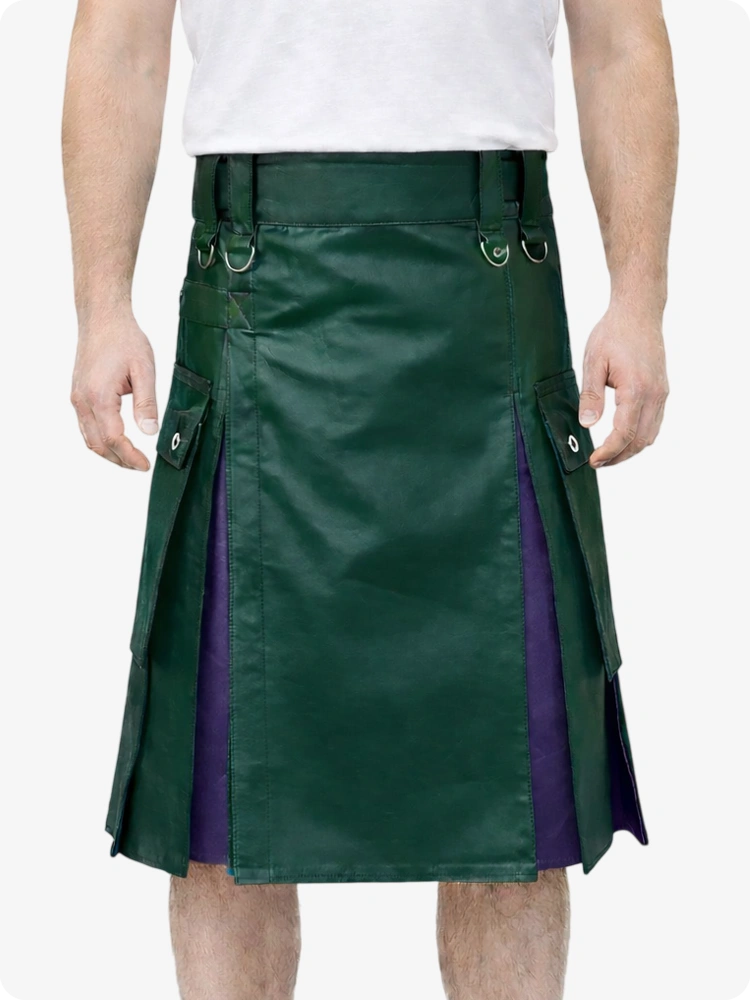 Dark Green Leather Utility Kilt with Purple Pleats, Side Pockets & D-Ring Hardware