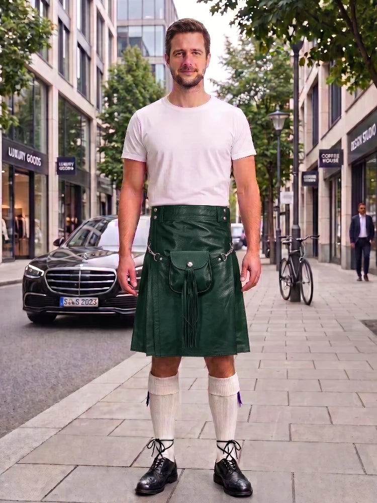 Dark Green Leather Utility Kilt with Sporran