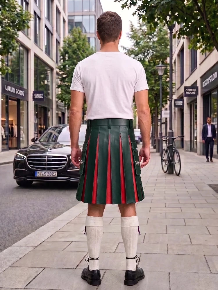 Dark Green With Red Cowhide Leather Hybrid Utility Kilt