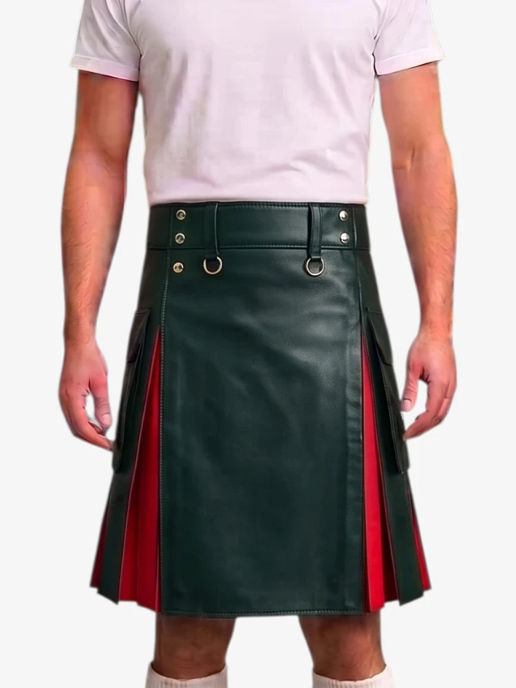 A dark green faux leather kilt with red side panels and gold-tone hardware, modeled with a light pink t-shirt against a plain white background.