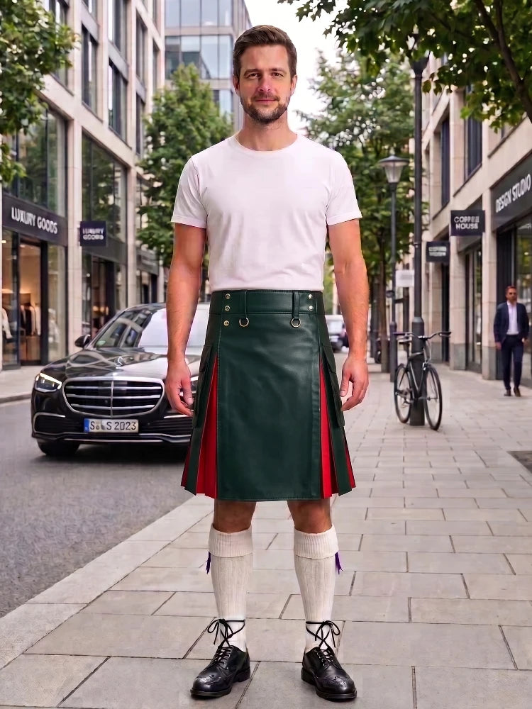 Dark Green With Red Cowhide Leather Hybrid Utility Kilt