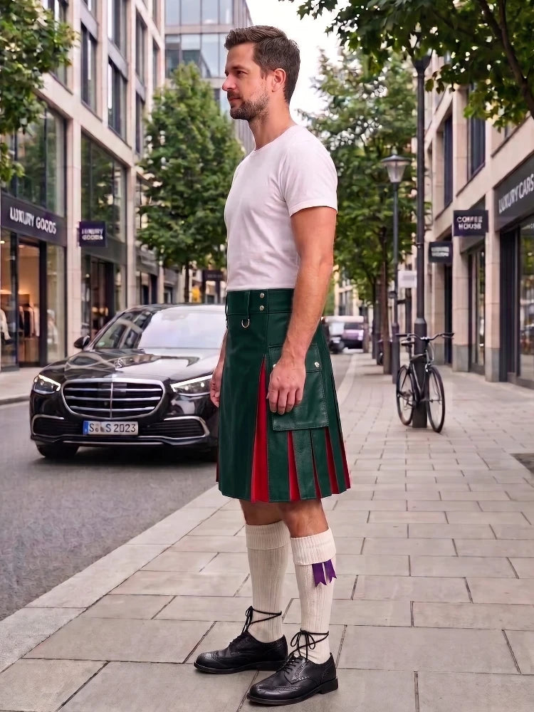 A man wearing a black leather kilt with red pleats, a white t-shirt, white knee-high socks, and black leather shoes stands on a city sidewalk next to a street with cars and trees.