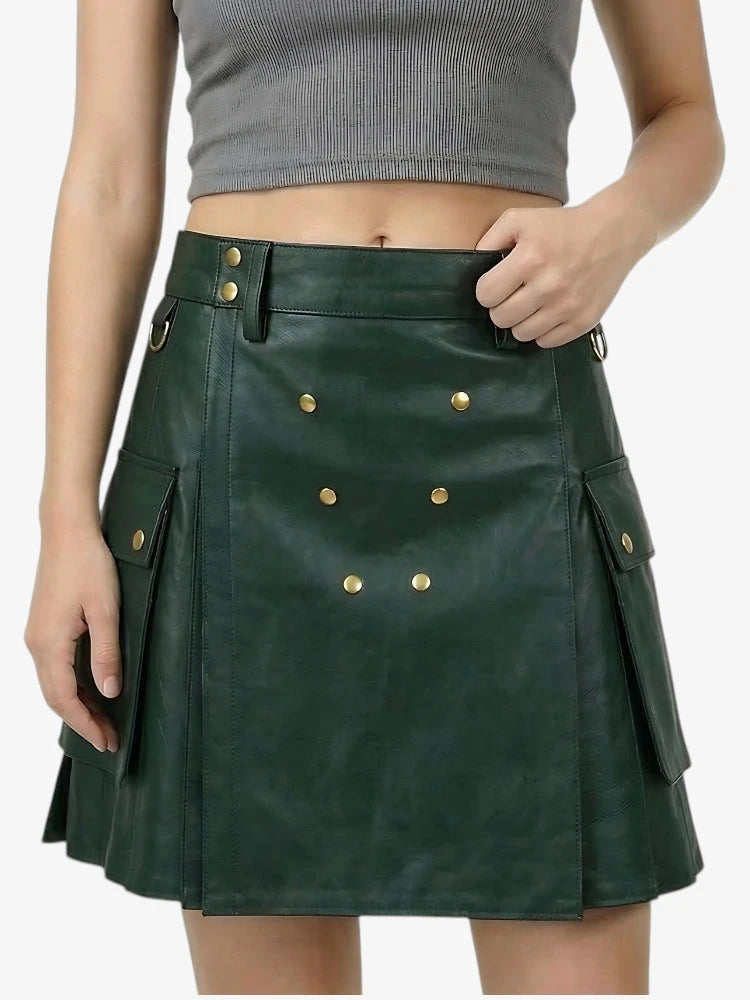 Handcrafted Dark Green Women Leather Utility Kilt