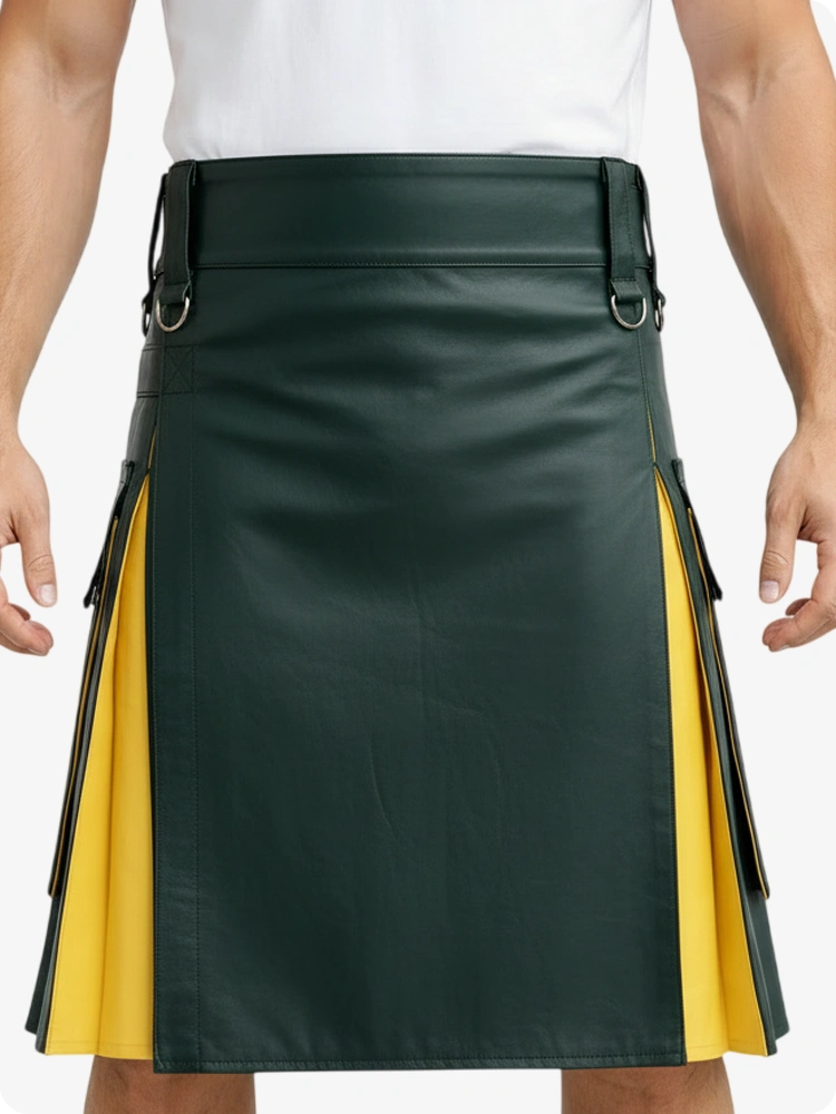 Dark Green & Yellow Leather Utility Kilt with Cargo Pockets