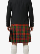 Person wearing a black jacket and red plaid kilt on a white background