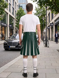 A man standing on a city sidewalk, photographed from behind, wearing a dark green leather kilt with white vertical stripes, a white t-shirt, white knee-high socks, and black shoes. Storefronts, trees, and a parked black car are visible in the background.
